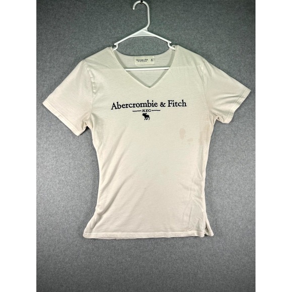 Abercrombie & Fitch Tops - Stain* Abercrombie & Fitch T Shirt Womens M Beige Graphic Print V Neck